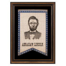 EXTREMELY RARE, SWALLOW-TAILED PARADE FLAG / BANNER WITH A PORTRAIT OF ABRAHAM LINCOLN AND A BLUE, STARRED BORDER, MADE Circa 1876-1890’s, OF A GENERAL TYPE KNOWN TO HAVE BEEN PRODUCED BY THE AMERICAN FLAG COMPANY OF NEW YORK AND OTHERS