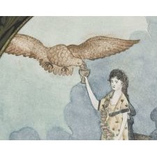 THE AMERICAN EAGLE DRINKS FROM THE GOBLET OF LIFE, IN THE HAND OF LADY LIBERTY: EARLY WATERCOLOR ON PAPER IN A SPECTACULAR, THREE-DIMENTIONAL, PUZZLE-WORK, TRAMP ART FRAME