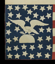 AN AMERICAN FOLK ART MASTERPIECE:  CIVIL WAR PERIOD AMERICAN FLAG QUILT WITH AN EAGLE PERCHED ON A GLOBE AMIDST 34 STARS, 1861-63, PROBABLY OF NEW YORK ORIGIN