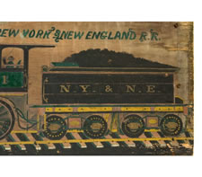 AMERICAN FOLK PAINTING OF A TRAIN ON WOODEN PANEL, RHODE ISLAND ENGINE NO. 21 LOCOMOTIVE AND ITS COAL TENDER, NEW YORK & NEW ENGLAND RAILROAD, 1873 - 1893