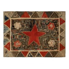 AMERICAN HOOKED RUG WITH A LARGE RED STAR AND A PATRIOTIC COLOR SCHEME, LIKELY OF PENNSYLVANIA ORIGIN, circa 1860-1880’s