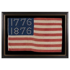 ANTIQUE AMERICAN FLAG WITH 10-POINTED STARS THAT SPELL “1776 – 1876”, MADE FOR THE 100-YEAR ANNIVERSARY OF AMERICAN INDEPENDENCE, ONE OF THE MOST GRAPHIC OF ALL EARLY EXAMPLES