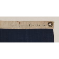 ANTIQUE AMERICAN U.S. NAVY JACK WITH 38 HAND-SEWN STARS AND A RARE MAKER'S MARK OF FLAG AND SAILMAKER W. K. HINMAN OF NEW YORK CITY, FLOWN ON THE YACHT "MARY EMMA," THE FIRST OF SUCH CRAFT OWNED BY AMERICAN FINANCIER AND THREE-TIME WINNER OF THE AMERICA'S CUP, C. OLIVER ISELIN; 1876-1877, REFLECTS COLORADO STATEHOOD