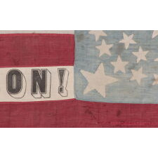 ONE OF THE TWO BEST OF ALL KNOWN FLAGS ADVERTISING ABRAHAM LINCOLN’S 1864 INCUMBENT PRESIDENTIAL CAMPAIGN FOR THE WHITE HOUSE, WITH VICE PRESIDENTIAL RUNNING MATE ANDREW JOHNSON; ENTIRELY HAND-SEWN, WITH A DOUBLE-WREATH CONFIGURATION OF 34 STARS, IN THREE DIFFERENT SIZES, THAT FEATURES HUGE STARS IN EACH CORNER, WITH 9 STRIPES AND WITH ITS CANTON RESTING ON THE WAR STRIPE, BOLD LETTERING , AND IN AN IDEAL SCALE AMONG ALL FLAGS OF THIS ERA
