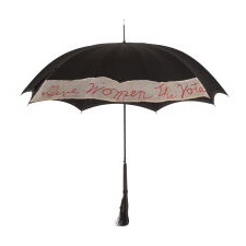 BLACK, TASSELLED, EDWARDIAN STYLE PARASOL / UMBRELLA, MADE BY FOLLMER, CLOGG & Co. OF LANCASTER, PENNSYLVANIA, MODIFIED FOR SUFFRAGETTE USE BY WAY OF AN APPLIED, CHIFFON SILK PANEL WITH FANCIFUL, SCRIPT-EMBROIDERY THAT READS: “GIVE WOMEN THE VOTE,” circa 1900-1915