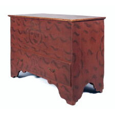 QUEEN ANNE PERIOD BLANKET CHEST, CONNECTICUT RIVER VALLEY, PROBABLY MASSACHUSETTS, WITH BLACK DECORATION ON A RED GROUND THAT INCLUDES TWO WHIMSICAL FACES, ca 1740-1760