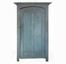 BLUE PAINTED WALL CUPBOARD WITH ARCHITECTURAL DOOR, ILLINOIS OR INDIANA, 1850-1880: