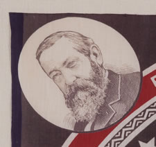 BOLD AND COLORFUL KERCHIEF WITH A ROUND PATRIOTIC SHIELD, MADE FOR THE 1888 PRESIDENTIAL CAMPAIGN OF WILLIAM HENRY HARRISON AND LEVI MORTON