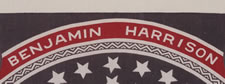 BOLD AND COLORFUL KERCHIEF WITH A ROUND PATRIOTIC SHIELD, MADE FOR THE 1888 PRESIDENTIAL CAMPAIGN OF WILLIAM HENRY HARRISON AND LEVI MORTON