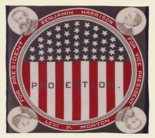 BOLD AND COLORFUL KERCHIEF WITH A ROUND PATRIOTIC SHIELD, MADE FOR THE 1888 PRESIDENTIAL CAMPAIGN OF WILLIAM HENRY HARRISON AND LEVI MORTON