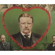 BOLDLY GRAPHIC AND COLORFUL TEDDY ROOSEVELT TEXTILE, MADE TO CELEBRATE HIS RECEIPT OF THE NOBEL PRIZE FOR PEACE IN 1906