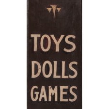 “BRING THE CHILDREN A BIRTHDAY PRESENT”: PAINTED, AMERICAN, TOY STORE SIGN, WITH VERBAL HISTORY TO FAO SCHWARZ, BOSTON, CIRCA 1885-1910