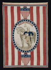 1876 CENTENNIAL CELEBRATION PARADE BANNER WITH OVAL STANDING PORTRAIT OF GEORGE WASHINGTON AND HIS HORSE ON A GROUND OF RED & WHITE STRIPES