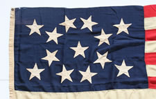 1876 CENTENNIAL ERA 13 STAR FLAG WITH 13 HAND-SEWN STARS IN AN ELONGATED FORM OF THE MEDALLION CONFIGURATION