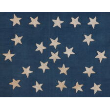 EXTRAORDINARY 34 STAR ANTIQUE AMERICAN FLAG WITH AN ACCORDION OR HOURGLASS MEDALLION CONFIGURATION THAT SURROUNDS A PENTAGON OF STARS IN THE CENTER; MADE OF FINE SILK AND ENTIRELY HAND-SEWN; MADE DURING THE OPENING YEARS OF THE CIVIL WAR (1861-63), IN A TINY SIZE AMONG ITS COUNTERPARTS OF THE PERIOD; REFLECTS THE ADDITION OF KANSAS AS THE 34TH STATE