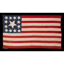 13 STARS IN THE RARE AND VERY DESIRABLE TRUMBULL PATTERN, WITH AN UNUSUALLY ENORMOUS CENTER STAR, ON A HOMEMADE, ANTIQUE AMERICAN FLAG PRODUCED SOMETIME BETWEEN THE CIVIL WAR (1861-1865) & THE 1876 CENTENNIAL OF AMERICAN INDEPENDENCE; THIS STAR CONFIGURATION NAMED FOR ARTIST JOHN TRUMBULL, WHO BRIEFLY SERVED AS GEORGE WASHINGTON’S AIDE-DE-CAMP (1776), BEFORE TRAVELING TO BRITAIN TO TRAIN UNDER WORLD-RENOWNED AMERICAN PAINTER, BENJAMIN WEST, THEN RETURNING TO THE STATES, WHERE HE AFTERWARDS FEA