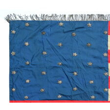 31 STARS ON AN ANTIQUE AMERICAN FLAG OF THE PRE-CIVIL WAR ERA, MADE OF SILK, WITH METALLIC BULLION STARS & FRINGE AND WITH ITS CANTON RESTING ON THE ‘WAR STRIPE,” REFLECTS THE ADDITION OF CALIFORNIA AS THE 16TH FREE STATE, circa 1850-1858, IN THE WAKE OF THE GOLD RUSH