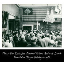 37 STARS IN A VERY RARE DIAMOND CONFIGURATION, WITH PILLARS OF STARS ON EITHER SIDE, NEARLY IDENTICAL TO A LARGER EXAMPLE PRESENTED BY CIVIL WAR GENERAL BENJAMIN BUTLER TO PRESIDENT LINCOLN AS THE FIRST AMERICAN FLAG EVER CONSTRUCTED OF ENTIRELY AMERICAN-MADE MATERIALS, JUST 3 DAYS PRIOR TO HIS 1865 ASSASSINATION; THIS STAR COUNT ANTICIPATORY TO THE FUTURE ADDITION OF NEBRASKA