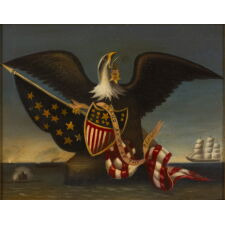 ICONIC PAINTING OF AN AMERICAN EAGLE BEFORE A CIVIL WAR NAVAL SCENE, WITH A GRAND ARMY OF THE REPUBLIC BADGE IN ITS BEAK, AN AMERICAN FLAG, AND A FEDERAL SHIELD, circa 1872-1890