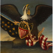 ICONIC PAINTING OF AN AMERICAN EAGLE BEFORE A CIVIL WAR NAVAL SCENE, WITH A GRAND ARMY OF THE REPUBLIC BADGE IN ITS BEAK, AN AMERICAN FLAG, AND A FEDERAL SHIELD, circa 1872-1890