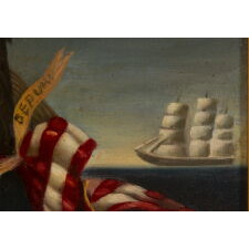 ICONIC PAINTING OF AN AMERICAN EAGLE BEFORE A CIVIL WAR NAVAL SCENE, WITH A GRAND ARMY OF THE REPUBLIC BADGE IN ITS BEAK, AN AMERICAN FLAG, AND A FEDERAL SHIELD, circa 1872-1890