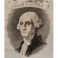 PATRIOTIC SILK KERCHIEF OF THE CIVIL WAR PERIOD, WITH AN ENGRAVED IMAGE OF GEORGE WASHINGTON, CROSSED 34 STAR FLAGS, AN EAGLE, AND "UNION FOREVER" SLOGAN