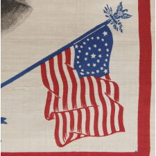 PATRIOTIC SILK KERCHIEF OF THE CIVIL WAR PERIOD, WITH AN ENGRAVED IMAGE OF GEORGE WASHINGTON, CROSSED 34 STAR FLAGS, AN EAGLE, AND "UNION FOREVER" SLOGAN