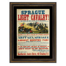 LARGE & COLORFUL CIVIL WAR RECRUITMENT BROADSIDE FOR THE 16TH NEW YORK VOLUNTEER CAVALRY, A.K.A. "SPRAGUE'S LIGHT CAVALRY,” WITH A AMAZING BATTLE SCENE DISPLAYING BOTH CONFEDERATE AND UNION FLAGS, EXCEPTIONAL AMONG ITS COUNTERPARTS, MADE IN 1863. A CONTINGENT OF THIS REGIMENT AVENGED LINCOLN'S DEATH, CORNERING AND KILLING JOHN WILKES BOOTH IN A VIRGINIA TOBACCO BARN ON APRIL 26TH, 1965