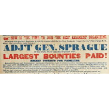 LARGE & COLORFUL CIVIL WAR RECRUITMENT BROADSIDE FOR THE 16TH NEW YORK VOLUNTEER CAVALRY, A.K.A. "SPRAGUE'S LIGHT CAVALRY,” WITH A AMAZING BATTLE SCENE DISPLAYING BOTH CONFEDERATE AND UNION FLAGS, EXCEPTIONAL AMONG ITS COUNTERPARTS, MADE IN 1863. A CONTINGENT OF THIS REGIMENT AVENGED LINCOLN'S DEATH, CORNERING AND KILLING JOHN WILKES BOOTH IN A VIRGINIA TOBACCO BARN ON APRIL 26TH, 1965