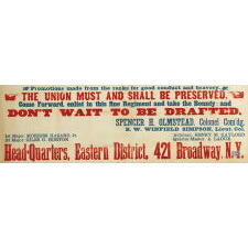 LARGE & COLORFUL CIVIL WAR RECRUITMENT BROADSIDE FOR THE 16TH NEW YORK VOLUNTEER CAVALRY, A.K.A. "SPRAGUE'S LIGHT CAVALRY,” WITH A AMAZING BATTLE SCENE DISPLAYING BOTH CONFEDERATE AND UNION FLAGS, EXCEPTIONAL AMONG ITS COUNTERPARTS, MADE IN 1863. A CONTINGENT OF THIS REGIMENT AVENGED LINCOLN'S DEATH, CORNERING AND KILLING JOHN WILKES BOOTH IN A VIRGINIA TOBACCO BARN ON APRIL 26TH, 1965