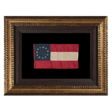 CONFEDERATE BIBLE FLAG IN THE FIRST NATIONAL FORMAT WITH 11 STARS IN A SINGLE WREATH, MADE OF SILK, PROBABLY TAKEN BY A UNION NAVY MAN DURING THE SIEGE OF VICKSBURG WHILE PILOTING THE U.S.S. LILY, A STEAMER TUG CONSCRIPTED INTO SERVICE BY THE U.S. ARMY, FITTED WITH GUNS, TRANSFERRED TO THE NAVY, AND SUNK AFTER COLLIDING WITH THE U.S.S. CHOCTAW, A UNION, IRONCLAD RAM