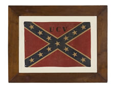 CONFEDERATE PARADE FLAG IN THE "SOUTHERN CROSS" OR "BATTLE FLAG" FORMAT, WITH A UNITED CONFEDERATE VETERAN'S OVERPRINT, AN UNUSUAL EXAMPLE, 1910-1920