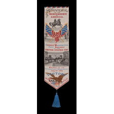 1876 CENTENNIAL STEVENSGRAPH BOOKMARK, WITH AN EXPERTLY EMBROIDERED RENDERING OF THE PAINTING OF THE PRESENTATION OF THE FINAL DRAFT OF THE DECLARATION OF INDEPENDENCE, BY THE ‘PARTY OF FIVE,” BY JOHN TRUMBULL