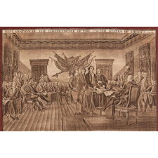 RARE, LARGE SCALE KERCHIEF WITH A BEAUTIFULLY ENGRAVED IMAGE OF JOHN TRUMBULL’S “DECLARATION OF INDEPENDENCE,” LIKELY MADE IN 1826 FOR OUR NATIONS SEMICENTENNIAL (50TH ANNIVERSARY); THE ONLY EXAMPLE I HAVE EVER SEEN OF THIS EXCEPTIONALLY RARE TEXTILE THAT RETAINS ITS ORIGINAL, RED COLORATION