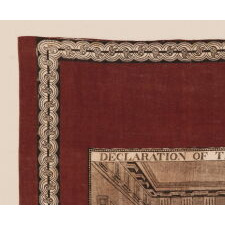RARE, LARGE SCALE KERCHIEF WITH A BEAUTIFULLY ENGRAVED IMAGE OF JOHN TRUMBULL’S “DECLARATION OF INDEPENDENCE,” LIKELY MADE IN 1826 FOR OUR NATIONS SEMICENTENNIAL (50TH ANNIVERSARY); THE ONLY EXAMPLE I HAVE EVER SEEN OF THIS EXCEPTIONALLY RARE TEXTILE THAT RETAINS ITS ORIGINAL, RED COLORATION