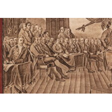 RARE, LARGE SCALE KERCHIEF WITH A BEAUTIFULLY ENGRAVED IMAGE OF JOHN TRUMBULL’S “DECLARATION OF INDEPENDENCE,” LIKELY MADE IN 1826 FOR OUR NATIONS SEMICENTENNIAL (50TH ANNIVERSARY); THE ONLY EXAMPLE I HAVE EVER SEEN OF THIS EXCEPTIONALLY RARE TEXTILE THAT RETAINS ITS ORIGINAL, RED COLORATION