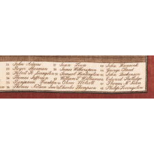 RARE, LARGE SCALE KERCHIEF WITH A BEAUTIFULLY ENGRAVED IMAGE OF JOHN TRUMBULL’S “DECLARATION OF INDEPENDENCE,” LIKELY MADE IN 1826 FOR OUR NATIONS SEMICENTENNIAL (50TH ANNIVERSARY); THE ONLY EXAMPLE I HAVE EVER SEEN OF THIS EXCEPTIONALLY RARE TEXTILE THAT RETAINS ITS ORIGINAL, RED COLORATION
