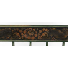 DIMINUTIVE SETTEE IN KELLY GREEN PAINT WITH GILT STENCILED DECORATION, ATTRIBUTED TO A SLEDMAKER IN PARIS HILL, MAINE, CA 1890