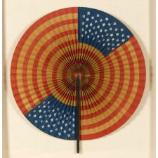 DRAMATIC, CIRCULAR FLAG FAN OF UNCOMMONLY HUGE SIZE, WITH UNUSUAL CONSTRUCTION, MADE IN THE WWI ERA (1917-18), CAREFULLY CONSERVED AND PRESENTED IN A DEEP, CUSTOM-MADE SHADOWBOX