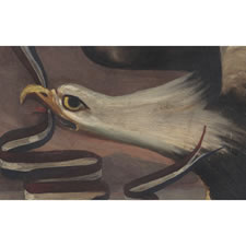 EARLY 19TH CENTURY OIL ON CANVAS PAINTED TRADE SIGN WITH AMERICAN EAGLE, CA 1830
