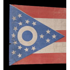 EARLY OHIO STATE FLAG WITH A BLUE DISC INSIDE THE BUCKEYE, AN EXTREMELY RARE AND BEAUTIFUL EXAMPLE, MADE IN THE EARLIEST POSSIBLE PERIOD, IMMEDIATELY FOLLOWING ITS DESIGN BY CLEVELAND ARCHITECT JOHN EISENMANN AND ACCEPTANCE BY THE OHIO STATE LEGISLATURE, CA 1902 - 1915