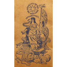SUFFRAGETTE RIBBON WITH AN ALLEGORICAL FIGURE STANDING UPON THE U.S. CONSTITUTION BEFORE A LION & LAMB, WITH A BROKEN SWORD, AN AMERICAN FLAG, AND A HOST OF GREAT SLOGANS, AMONG THE EARLIEST KNOWN AMERICAN SUFFRAGE TEXTILES, circa 1880-1890
