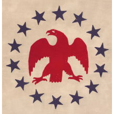 ENTIRELY HAND-SEWN FLAG WITH AN APPLIQUÉD FEDERAL EAGLE AND 14 STARS, MADE IN THE 1850’s BY RENOWNED FLAG MAKER SARAH McFADDEN, “THE BESTY ROSS OF NEW YORK,” FOR THE HUDSON RIVER STEAMSHIP “DELAWARE,” LAUNCHED, 1852; CONSCRIPTED INTO FEDERAL SERVICE BY THE U.S. NAVY AS A CIVIL WAR GUNBOAT IN 1860 (RENAMED U.S.S. DELAWARE, 1861-1865); SOLD TO THE U.S. REVENUE MARINE, WHERE IT SERVED FOR 38 YEARS (1865-1903), FIRST AS U.S.R.C. DELAWARE, THEN AS THE U.S.R.C. LOUIS McCLANE