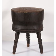EXCEPTIONAL BUTCHER BLOCK IN BLACK PAINT, WITH GREAT, ROUND, BARRELL-SHAPED FORM, MISSOURI ORIGIN, 1850-1890