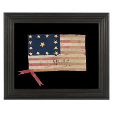 EXCEPTIONAL, HAND-SEWN, SILK FLAG WITH 13 GILT-PAINTED STARS ARRANGED IN THE "TRUMBULL” PATTERN, ONE OF JUST A TINY HANDFUL OF EARLY EXAMPLES TO SURVIVE IN THIS CONFIGURATION, FOUND IN SWITZERLAND, IN THE ESTATE OF A SWISS-AMERICAN WHO FOUGHT IN THE AMERICAN CIVIL WAR; THIS FLAG MADE IN THE LATE FEDERAL –ANTEBELLUM PERIOD, circa 1824-1851; EXHIBITED AT THE MUSEUM OF THE AMERICAN REVOLUTION FROM JUNE – JULY, 2019