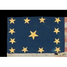 EXCEPTIONAL, HAND-SEWN, SILK FLAG WITH 13 GILT-PAINTED STARS ARRANGED IN THE "TRUMBULL” PATTERN, ONE OF JUST A TINY HANDFUL OF EARLY EXAMPLES TO SURVIVE IN THIS CONFIGURATION, FOUND IN SWITZERLAND, IN THE ESTATE OF A SWISS-AMERICAN WHO FOUGHT IN THE AMERICAN CIVIL WAR; THIS FLAG MADE IN THE LATE FEDERAL –ANTEBELLUM PERIOD, circa 1824-1851; EXHIBITED AT THE MUSEUM OF THE AMERICAN REVOLUTION FROM JUNE – JULY, 2019