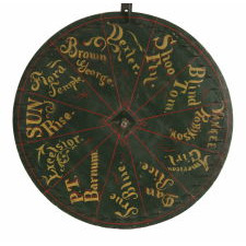 EXCEPTIONAL HORE RACE GAME WHEEL FEATURING THE NAMES OF FAMOUS AMERICAN HARNESS HORSE CHAMPIONS, CA 1870-1880's