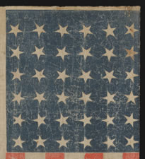 EXTREMELY RARE 36 STAR FLAG WITH A SIX COLOR OVERPRINT THAT INCLUDES THE FIGURE OF LADY COLUMBIA, MADE FOR THE 1876 CENTENNIAL EXPOSITION, POSSIBLY DISTRIBUTED DURING THE PRESIDENTIAL CAMPAIGN OF RUTHERFORD B. HAYES