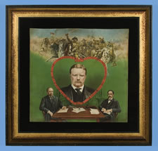 EXTREMELY RARE, BOLDLY GRAPHIC AND COLORFUL, TEDDY ROOSEVELT PEACE TREATY / NOBEL PRIZE TEXTILE, CA 1905-1906