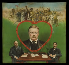 EXTREMELY RARE, BOLDLY GRAPHIC AND COLORFUL, TEDDY ROOSEVELT PEACE TREATY / NOBEL PRIZE TEXTILE, CA 1905-1906